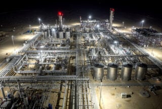 Helium processing facility at Ras Laffan Industrial City, Qatar, night lighting