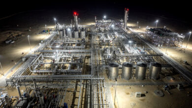 Helium processing facility at Ras Laffan Industrial City, Qatar, night lighting