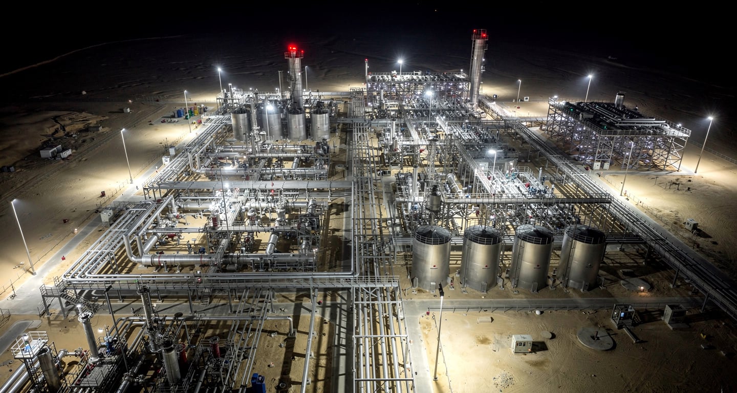Helium processing facility at Ras Laffan Industrial City, Qatar, night lighting