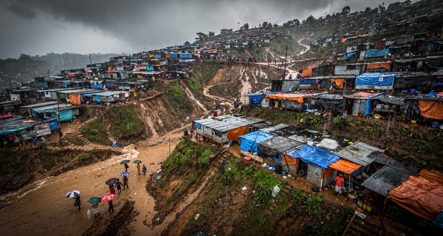 Hillside refugee camp in Cox's Bazar during monsoon rains, steep terrain with makeshift shelters
