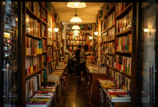 Independent bookstore interior with shelves of books, Hong Kong