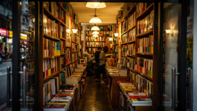 Independent bookstore interior with shelves of books, Hong Kong