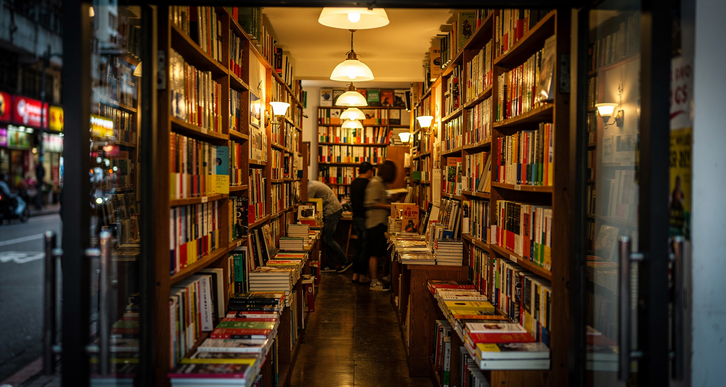 Independent bookstore interior with shelves of books, Hong Kong