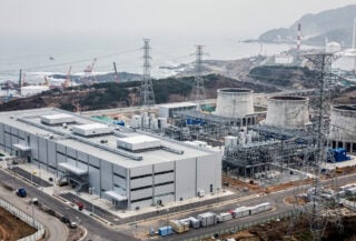 Industrial data center construction site in Ulsan, South Korea, with cooling infrastructure and power systems