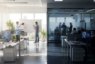 IT services office in Bangalore with split lighting contrasting AI and traditional work areas