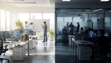 IT services office in Bangalore with split lighting contrasting AI and traditional work areas