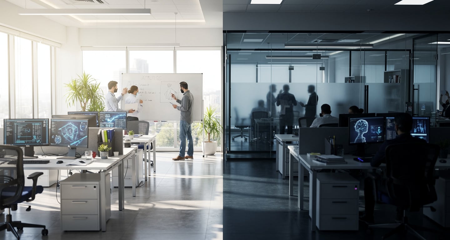 IT services office in Bangalore with split lighting contrasting AI and traditional work areas