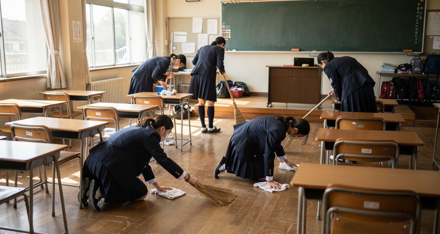 Japanese students cleaning classroom with brooms during school day