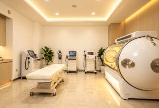 Luxury wellness clinic interior with hyperbaric chamber, Singapore