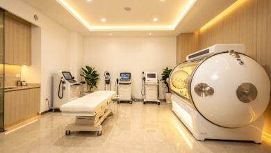 Luxury wellness clinic interior with hyperbaric chamber, Singapore