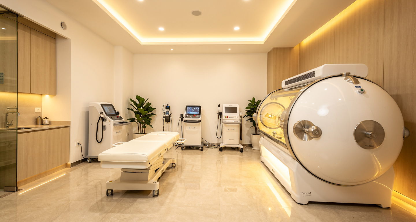 Luxury wellness clinic interior with hyperbaric chamber, Singapore