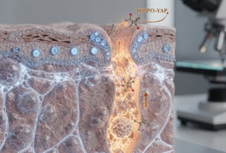 Microscopic oral tissue showing cellular networks with bioelectric signaling and gap junction connections highlighted