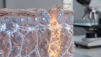Microscopic oral tissue showing cellular networks with bioelectric signaling and gap junction connections highlighted