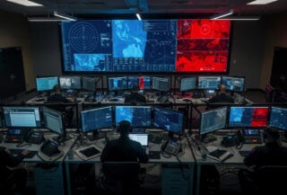 Military operations center with tactical displays, CENTCOM command center monitoring Middle East conflict