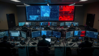 Military operations center with tactical displays, CENTCOM command center monitoring Middle East conflict