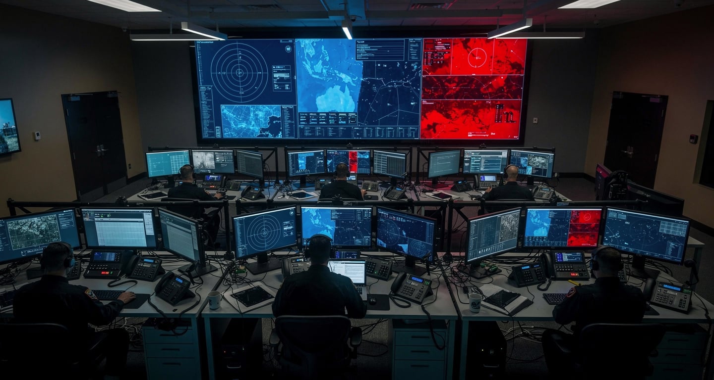 Military operations center with tactical displays, CENTCOM command center monitoring Middle East conflict