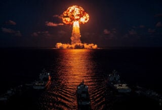 Missile launch over Persian Gulf at night, dramatic explosion lighting