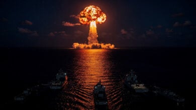Missile launch over Persian Gulf at night, dramatic explosion lighting