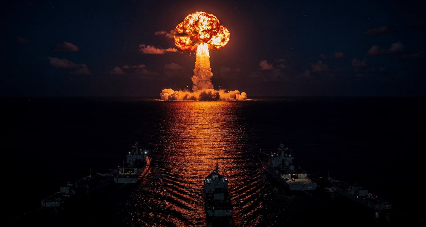 Missile launch over Persian Gulf at night, dramatic explosion lighting