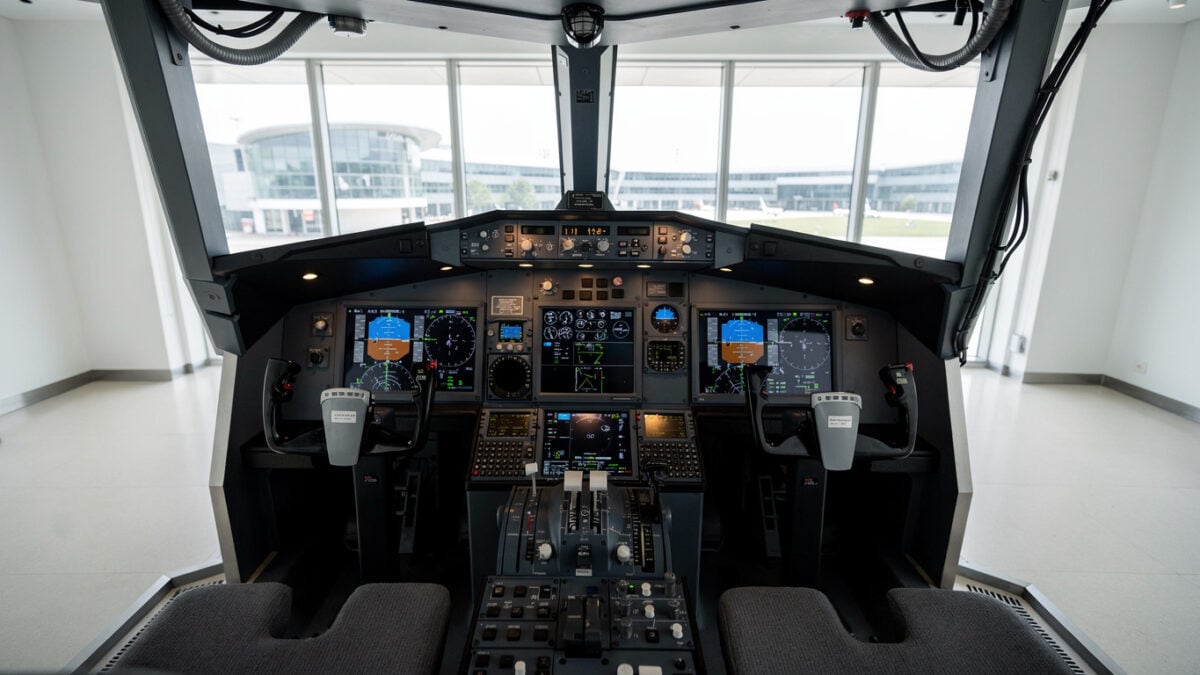 Modern aircraft cockpit simulator in Singapore aviation training academy