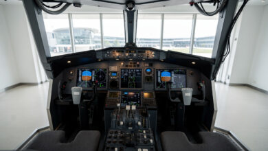 Modern aircraft cockpit simulator in Singapore aviation training academy