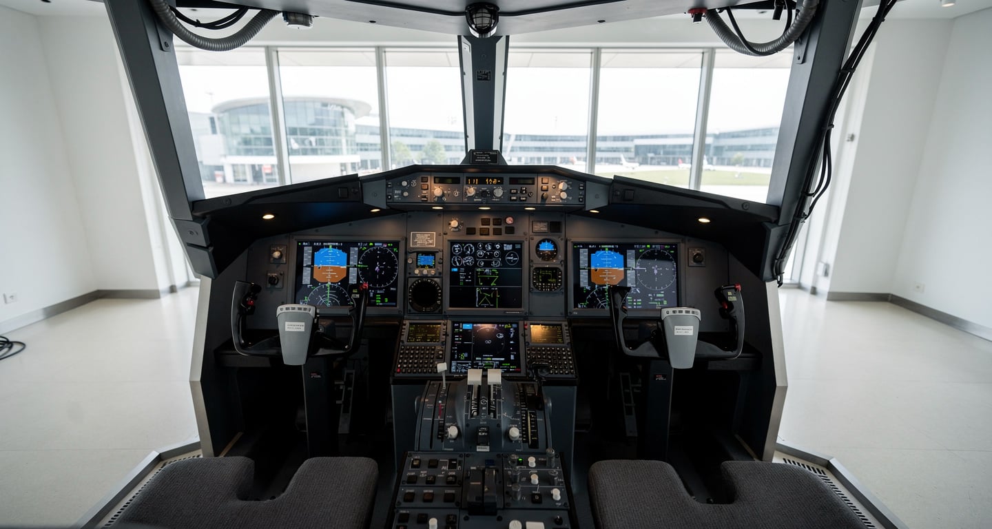 Modern aircraft cockpit simulator in Singapore aviation training academy