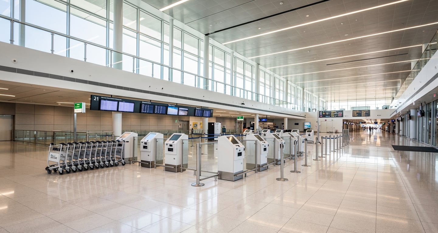 Modern airport arrivals hall with digital kiosks and signage, contemporary design