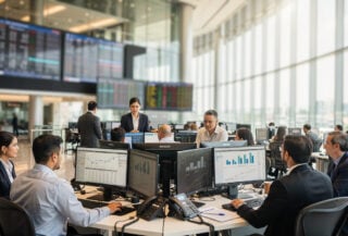 Modern stock exchange trading floor with diverse professionals, Bangkok