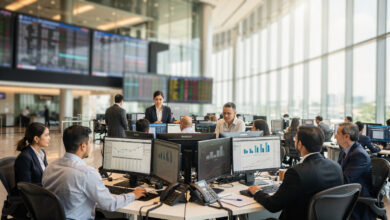 Modern stock exchange trading floor with diverse professionals, Bangkok