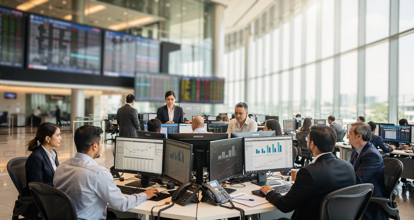 Modern stock exchange trading floor with diverse professionals, Bangkok