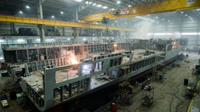 Modular frigate hull sections under assembly in Indian shipyard with industrial cranes