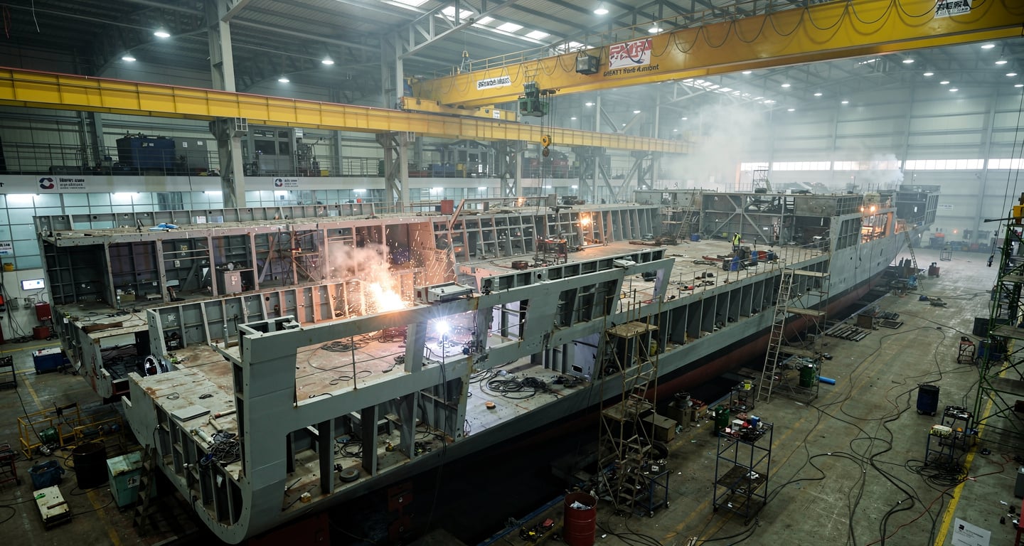 Modular frigate hull sections under assembly in Indian shipyard with industrial cranes