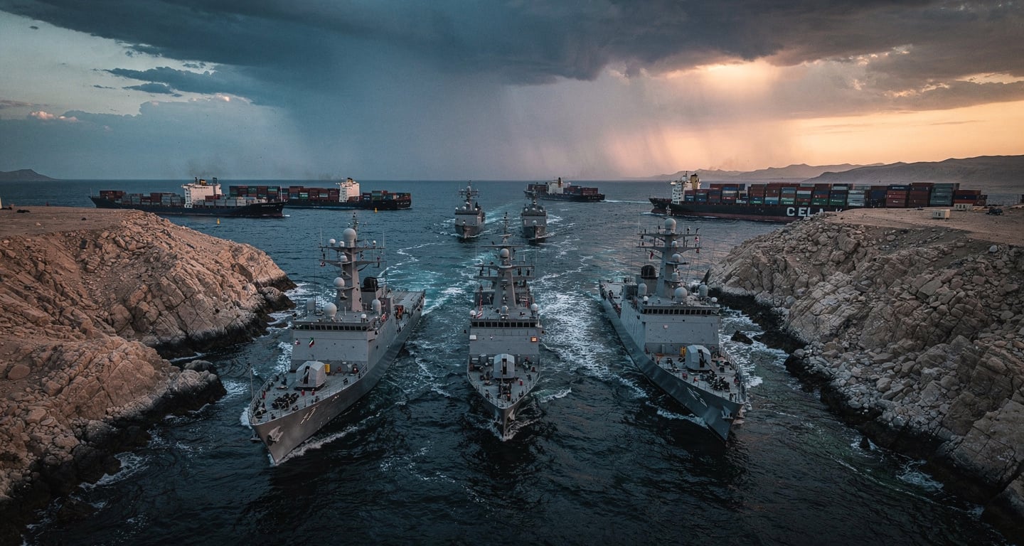 Naval vessels in Strait of Hormuz at dawn with container ships, dramatic storm clouds
