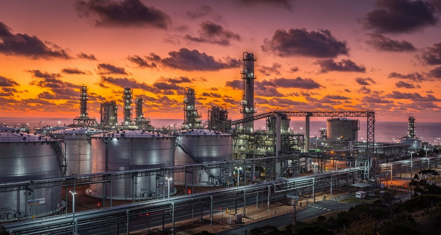 Oil refinery and storage tanks at dusk, Australia
