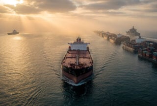 Oil tanker transiting Strait of Hormuz with military vessel on horizon