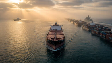 Oil tanker transiting Strait of Hormuz with military vessel on horizon