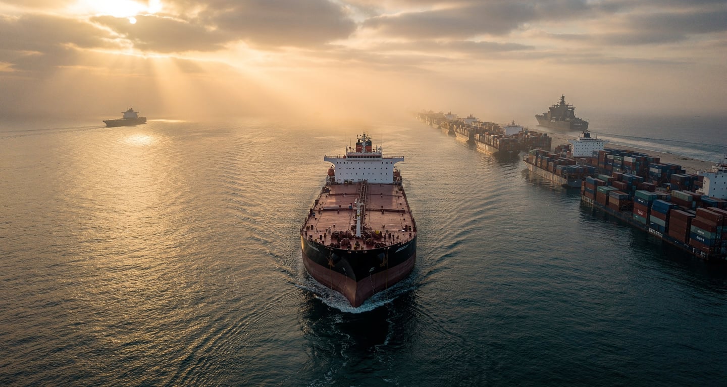 Oil tanker transiting Strait of Hormuz with military vessel on horizon