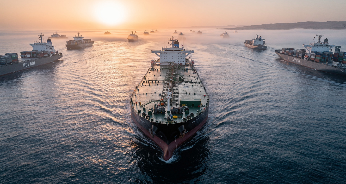 Oil tanker in Strait of Hormuz shipping lane, dawn light, aerial view