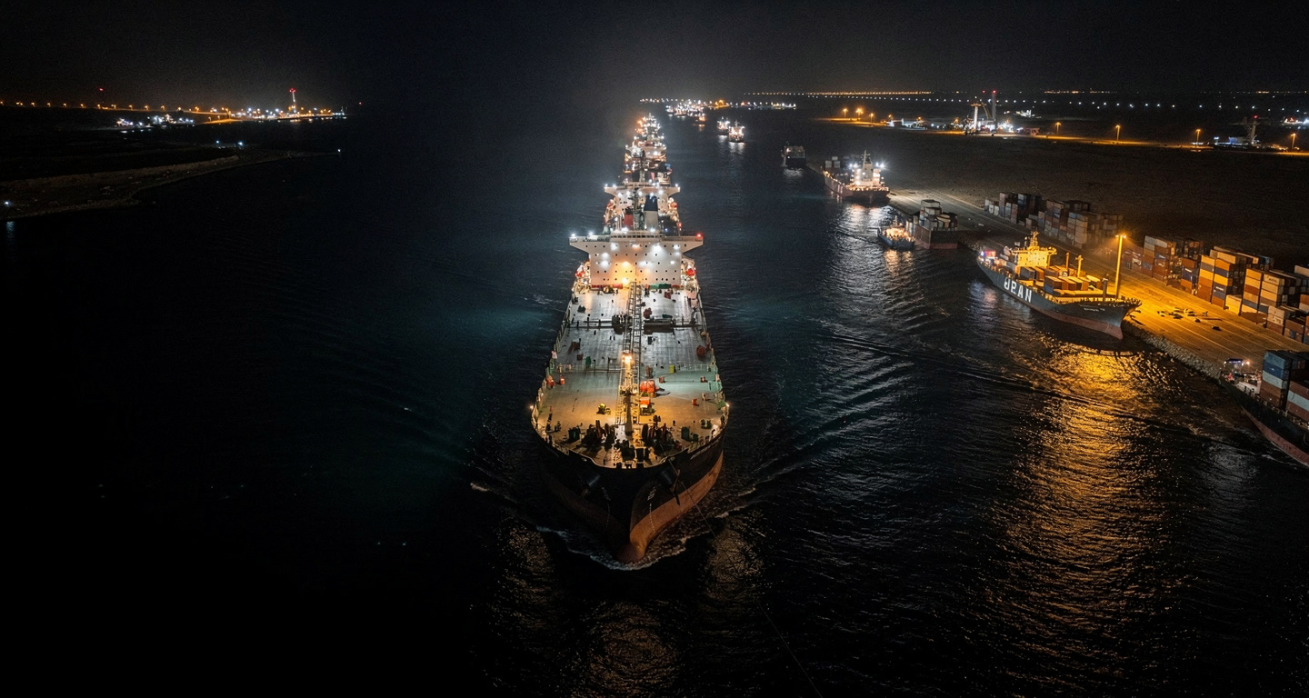Oil tankers queued in Strait of Hormuz at night, Persian Gulf maritime chokepoint