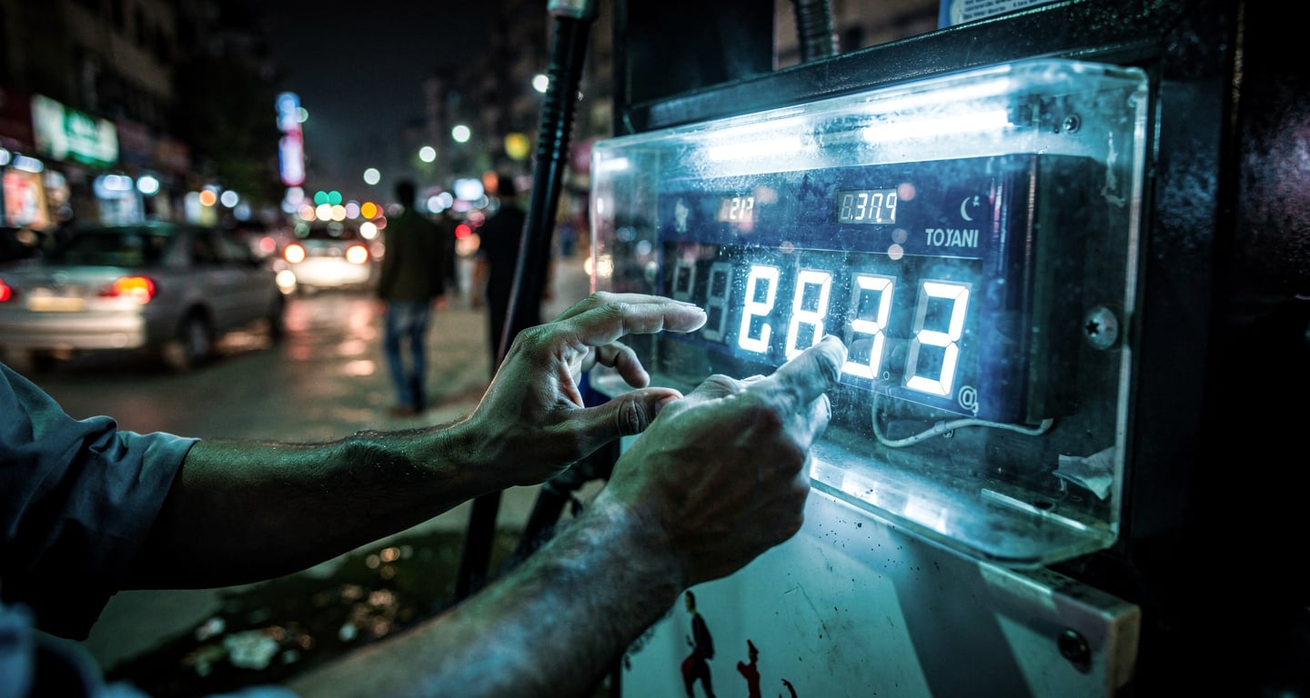 Petrol pump price display being adjusted, Islamabad street, night lighting