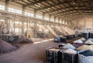 Rare earth oxide processing facility with refined mineral containers and industrial equipment