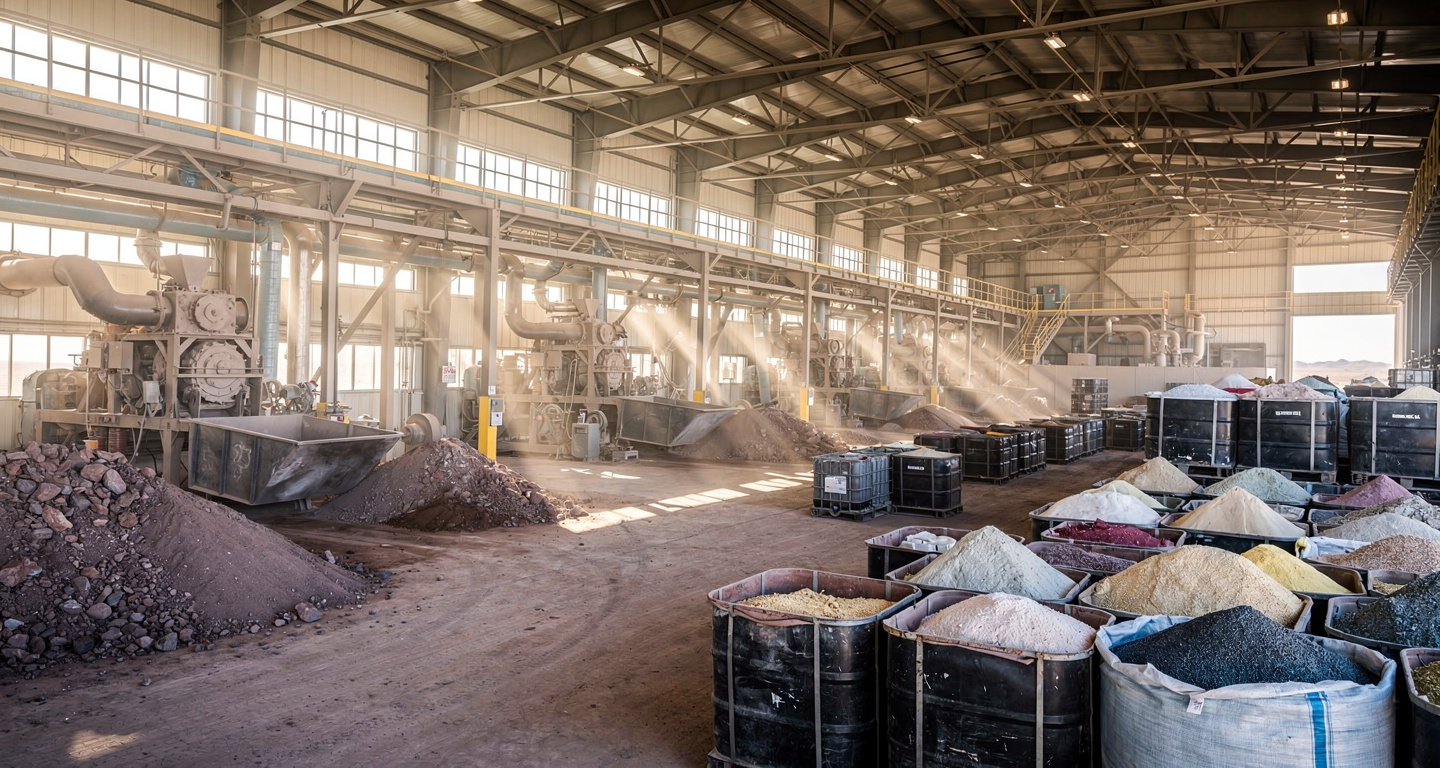 Rare earth oxide processing facility with refined mineral containers and industrial equipment
