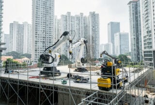 Robotic construction machinery on Singapore building site with urban skyline backdrop