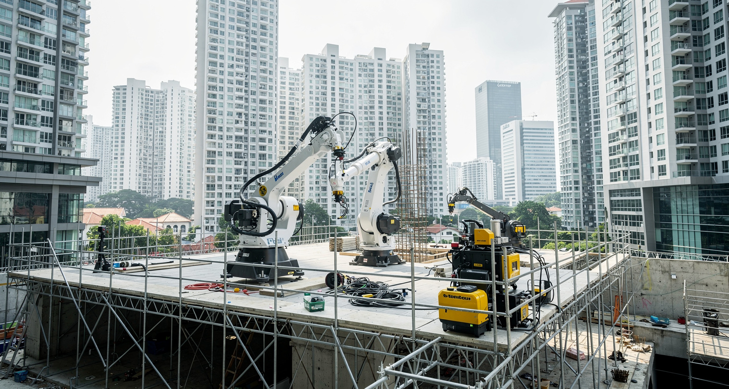 Robotic construction machinery on Singapore building site with urban skyline backdrop