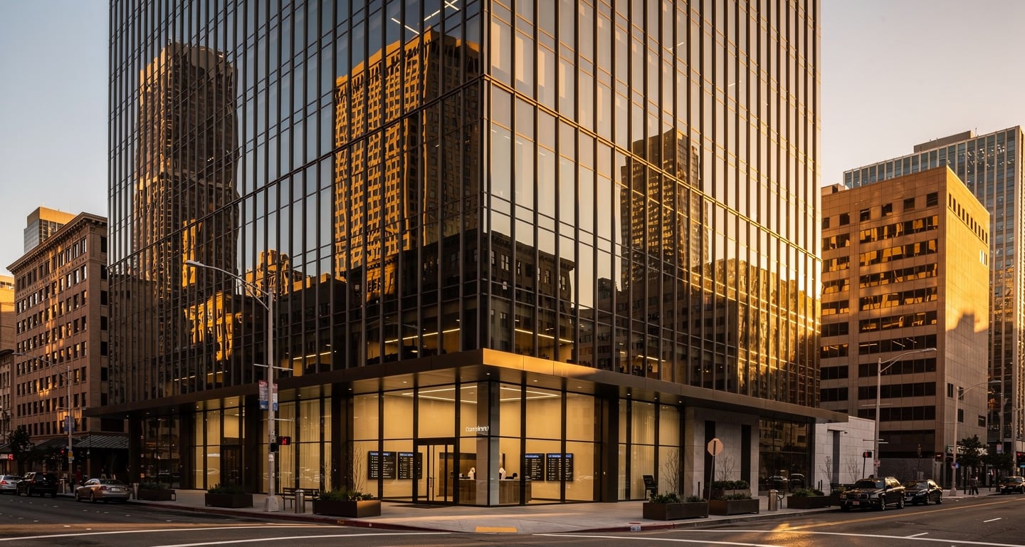 San Francisco office tower at golden hour, venture capital district