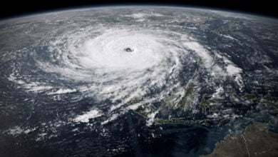 Satellite image of Super Typhoon Bavi over western Pacific approaching Guam