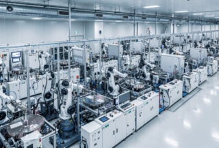 Advanced semiconductor fabrication plant interior, rows of precision chip-making equipment under industrial lighting