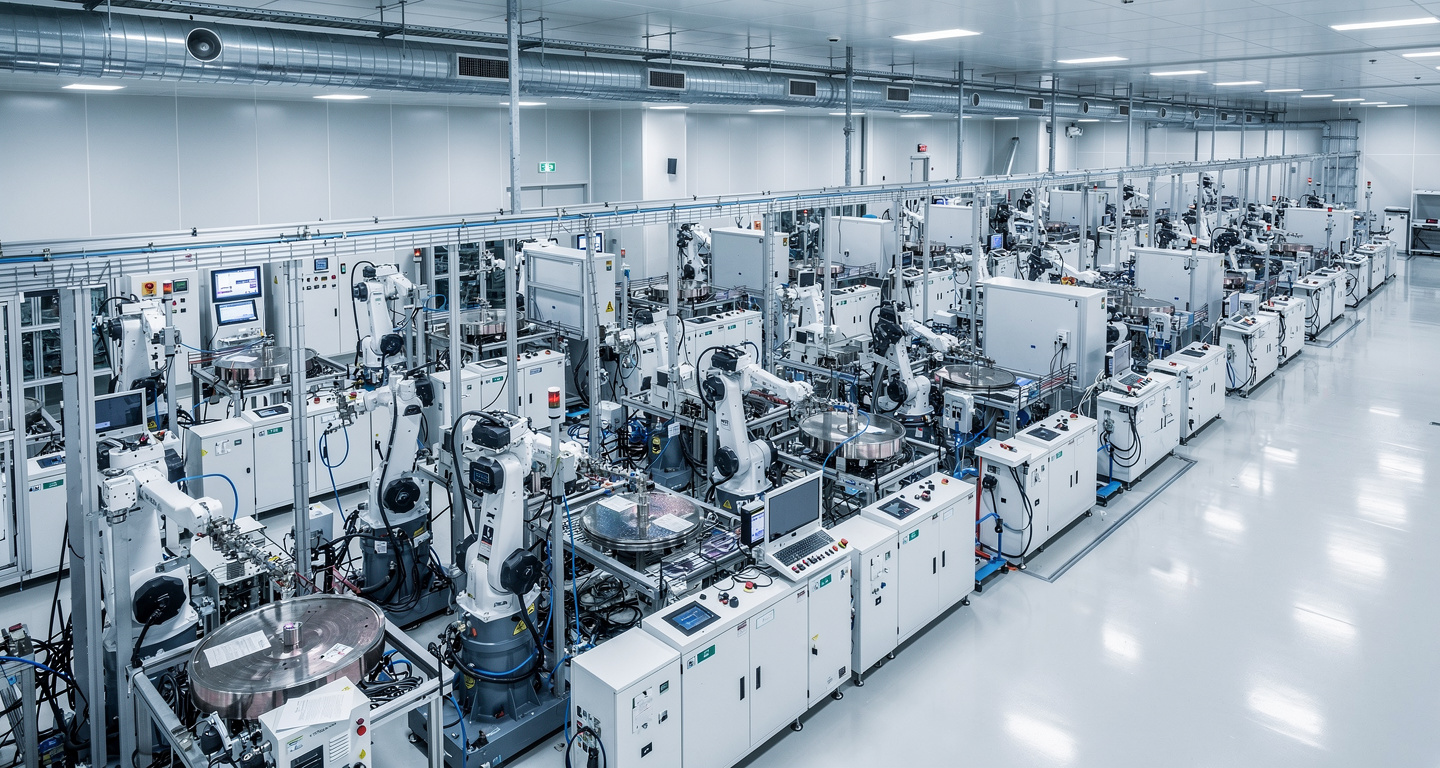 Advanced semiconductor fabrication plant interior, rows of precision chip-making equipment under industrial lighting