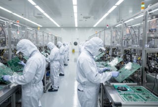 Semiconductor fabrication facility with engineers in cleanroom suits examining circuit boards