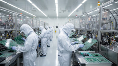 Semiconductor fabrication facility with engineers in cleanroom suits examining circuit boards